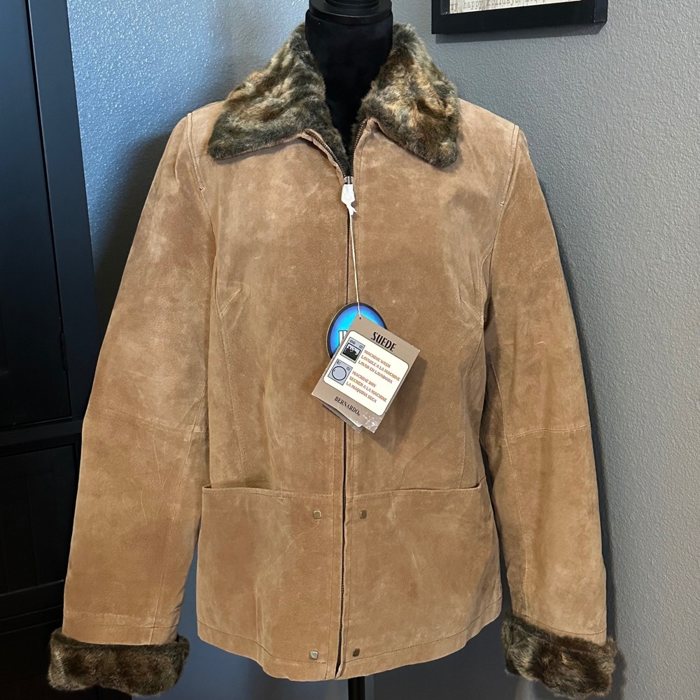 Bernardo‎ Suede Jacket Womens Large Tan Faux Fur Collar Lined Zip Front Coat NWT